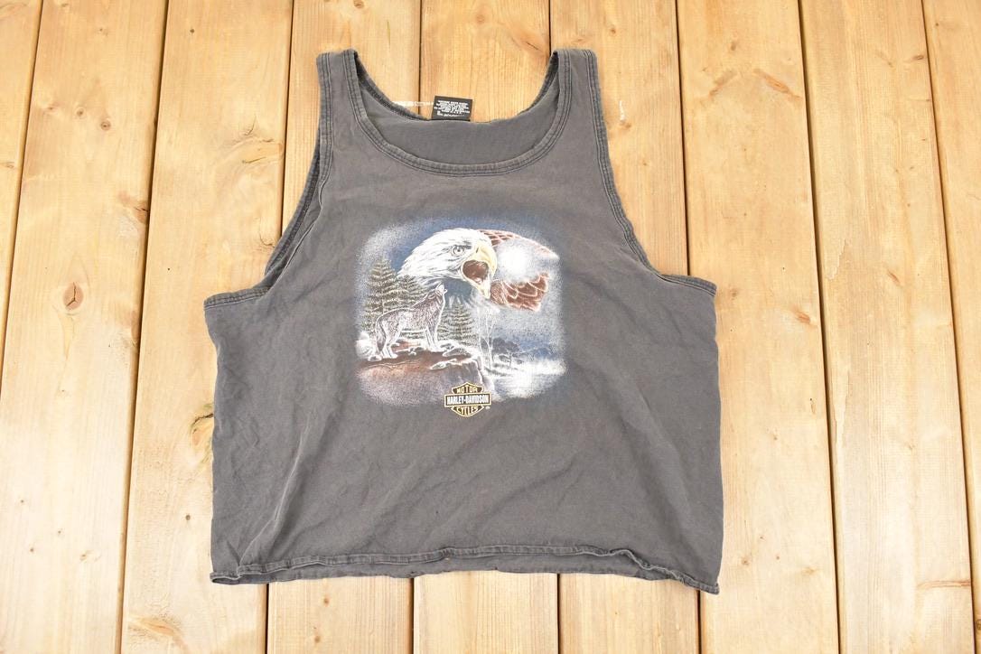 Vintage 1990s Laugerman's Harley Davidson Motorcycles Howling Wolf Eagle Biker Tank Top Women's M