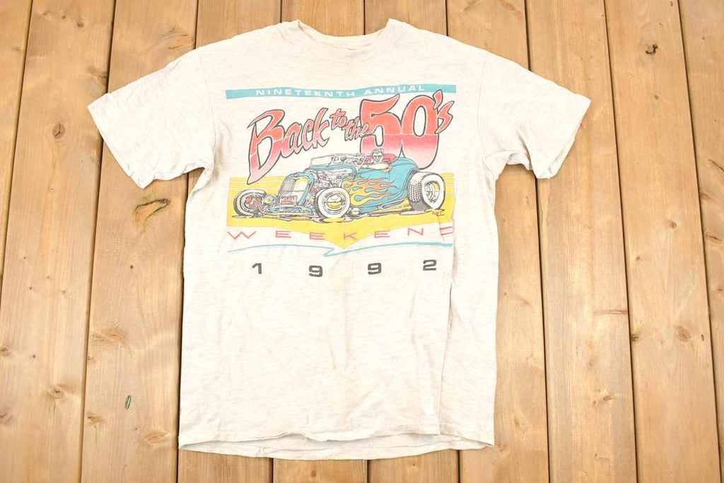 Vintage 1992 Back To The 50's Hot Rod CArtoon Graphic Print Souvenir T-Shirt Men's M