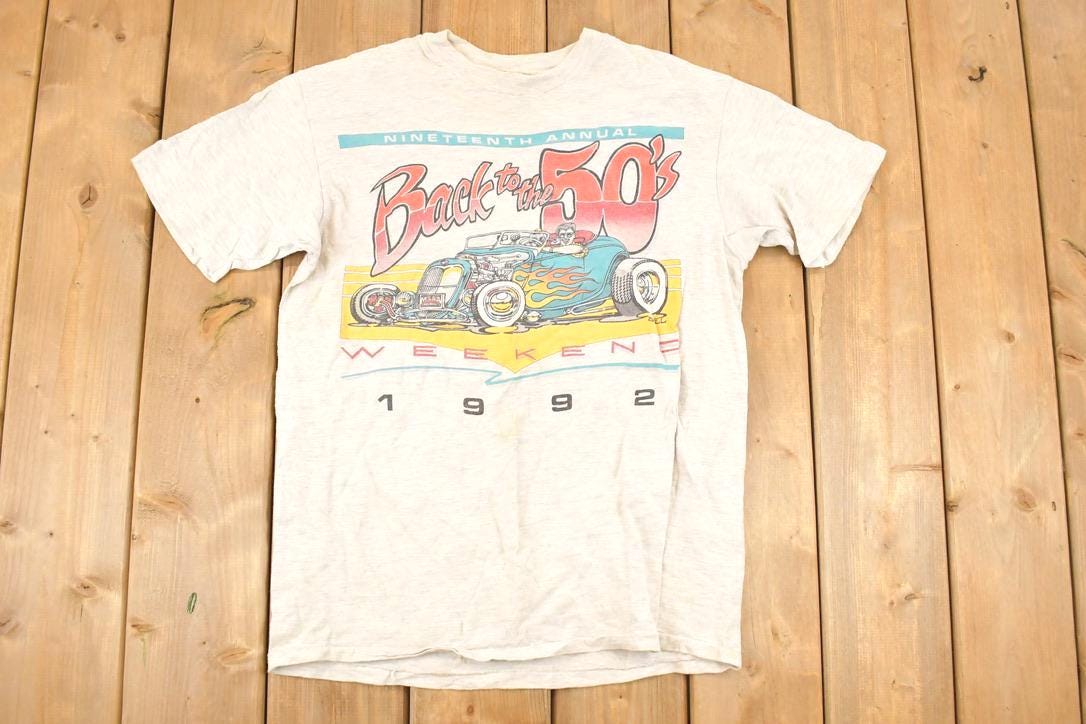 Vintage 1992 Back To The 50's Hot Rod CArtoon Graphic Print Souvenir T-Shirt Men's M