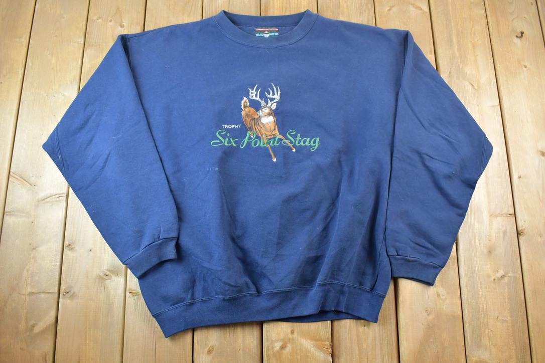 Vintage 1990s Trophy Six Point Stag Outdoorsman Deer Crewneck Sweatshirt  Embroidered  Nature Sweater  Animal Sweater