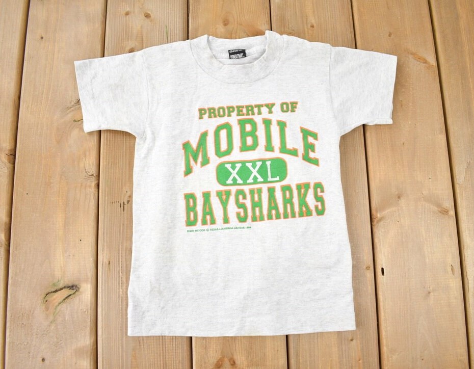 Vintage 1994 Bimm Riddler Mobile Baysharks Collegiate Graphic KIDS T-Shirt Made In USA