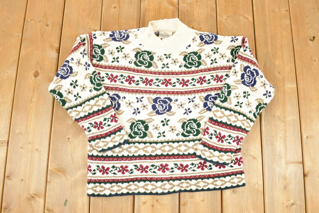 Vintage 1990s Republic Denim Floral AOP Chunky Knit Crewneck Sweater Women's L