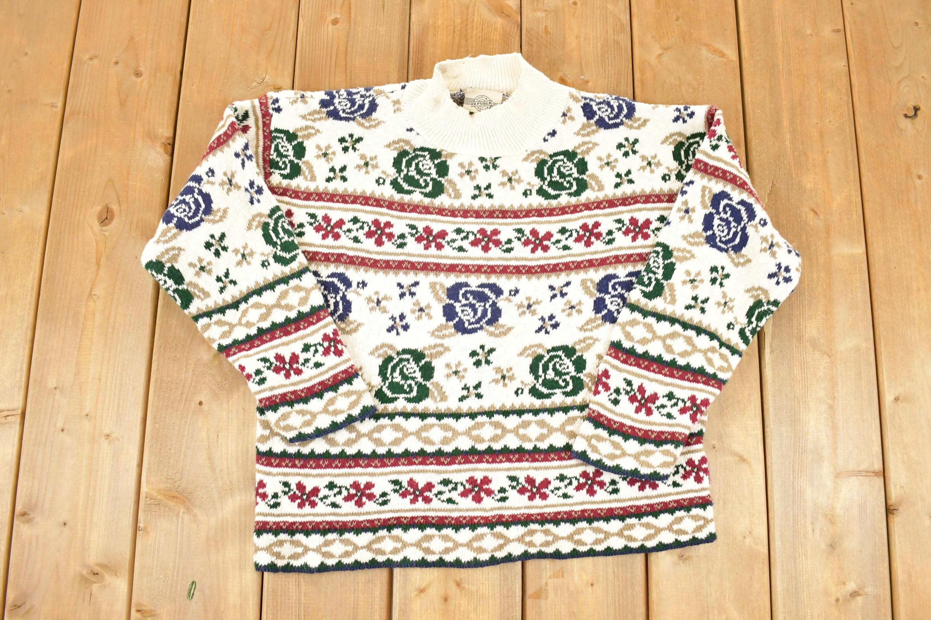 Vintage 1990s Republic Denim Floral AOP Chunky Knit Crewneck Sweater Women's L