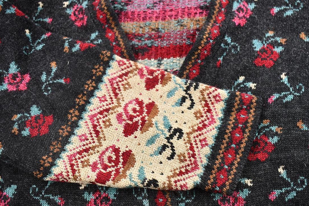 Vintage 1990s Basic Editions Women's Rose and Lily Pattern Knit Cardigan Sweater