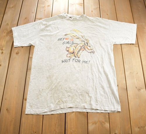 Vintage 1990s Hey Girls! Wait For Me Crazy Rabbit Single Stitch Distressed Graphic T Shirt