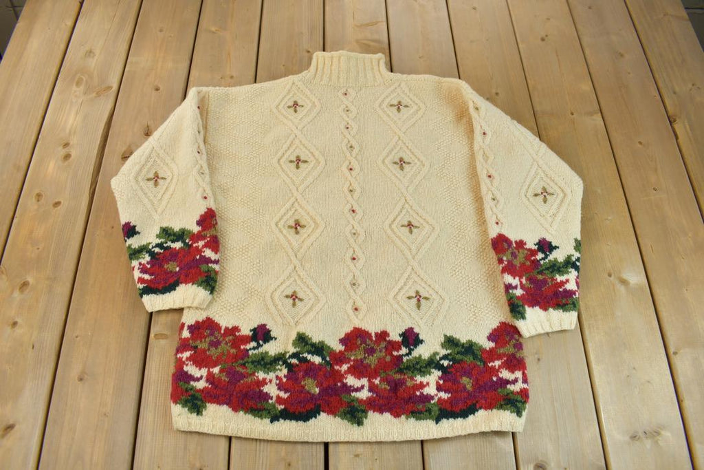 Vintage 1990s LL Bean Floral Pattern Knit Sweater / Vintage 90s / Outdoorsman / Vintage Knit / Mock Neck / Pure Wool