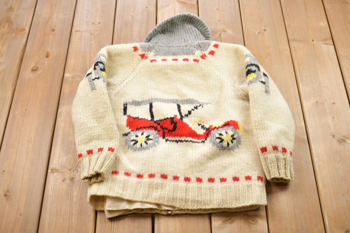 Vintage 1960s Car Graphic Cable Knit Curling Sweater