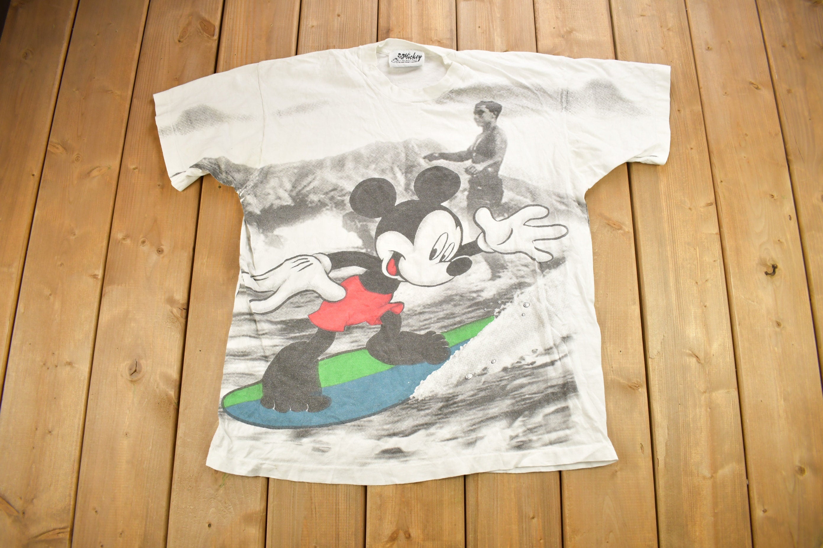 Vintage 1990s Mickey Mouse Surfing Theme All Over Print T-Shirt