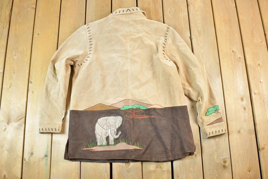 Vintage 1990s The Quacker Factory Unique Leather Savannah Desert Animal Embroidered Jacket Made In USA