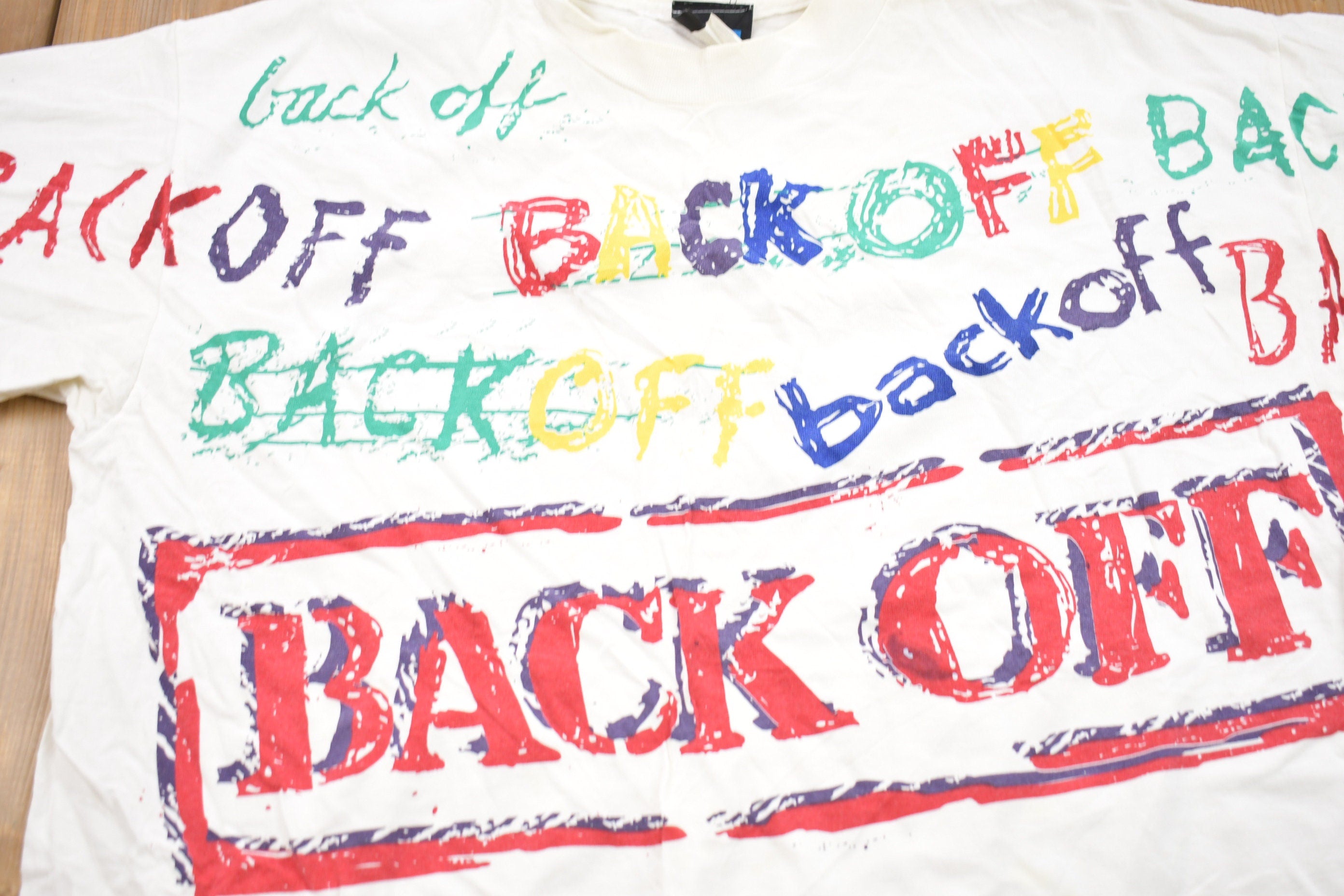Vintage 1990s Back Off All Over Print Graphic T-Shirt