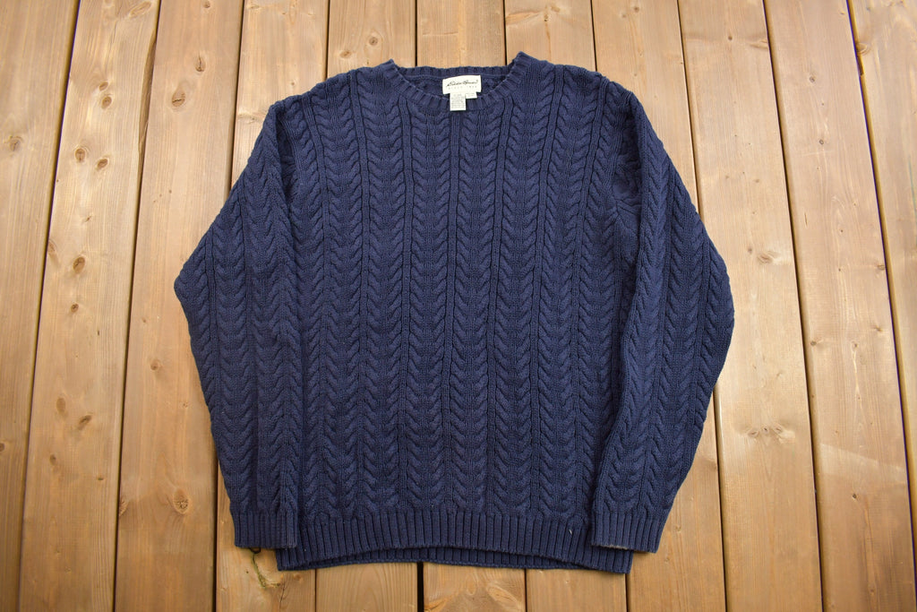 Vintage 1990s Eddie Bauer Cable Knit Crewneck Sweater  Vintage 90s Crewneck  All Over Pattern  Blue  Sweatshirt  Abstract Pattern