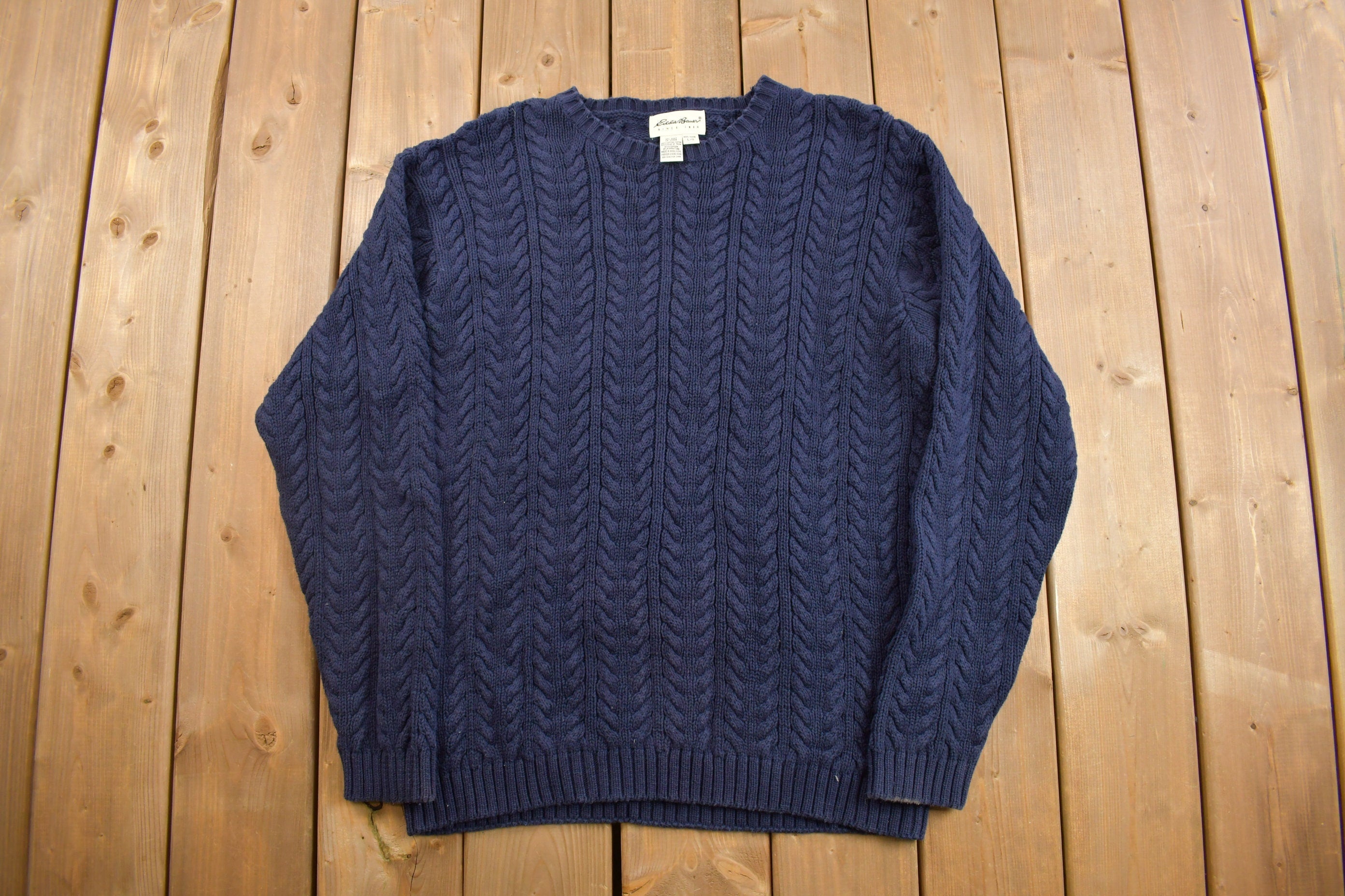 Vintage 1990s Eddie Bauer Cable Knit Crewneck Sweater  Vintage 90s Crewneck  All Over Pattern  Blue  Sweatshirt  Abstract Pattern