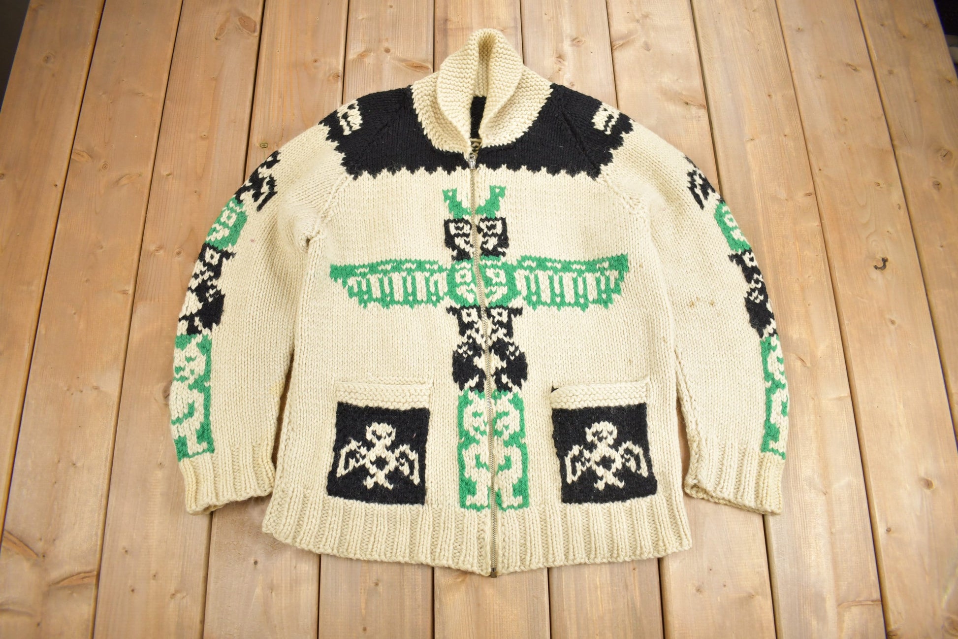 Vintage 1950s Hand-Knit Totem Pole Cowichan Sweater