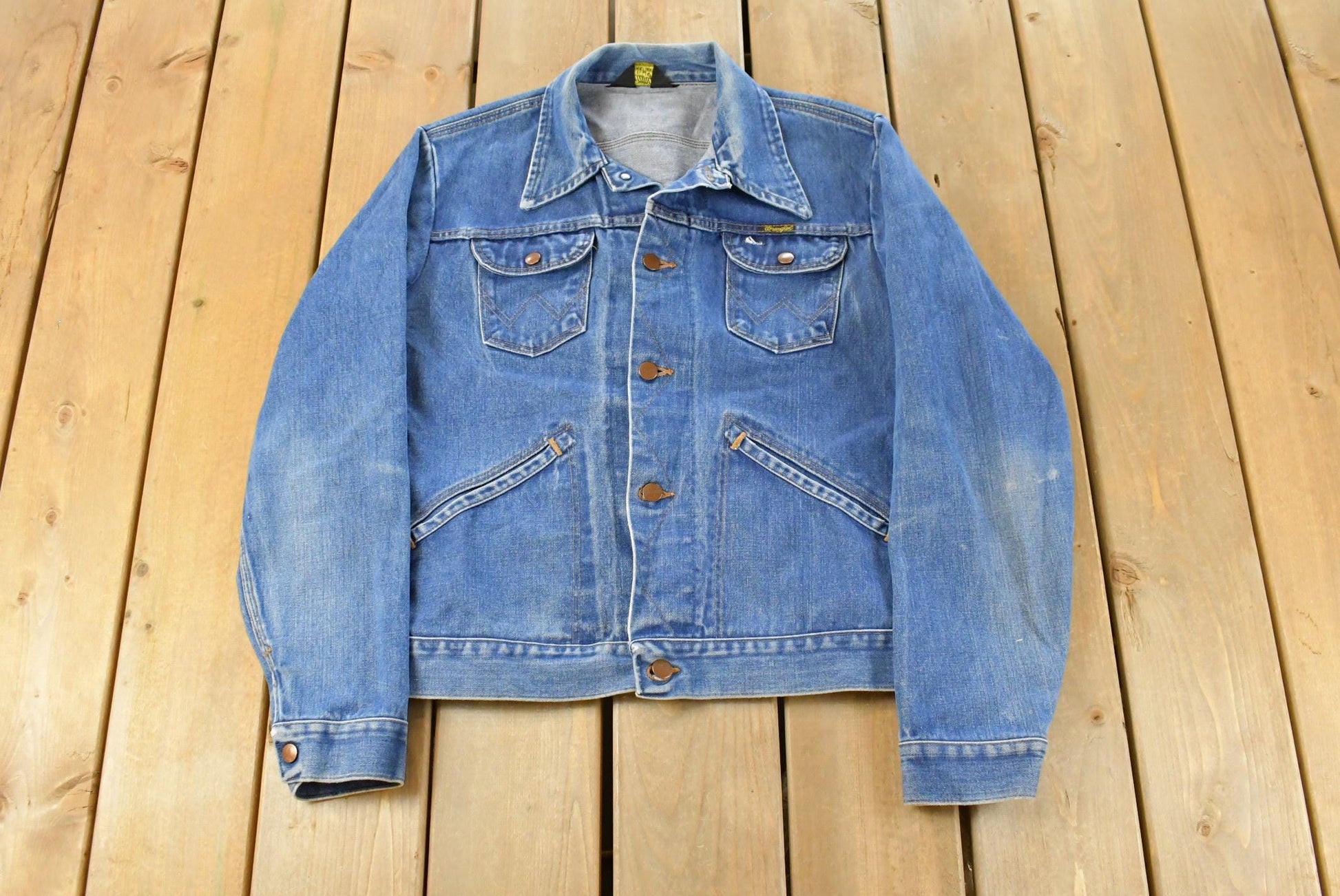 Vintage 1970s Wrangler Workwear Distressed Denim Trucker Jean Jacket Men's S