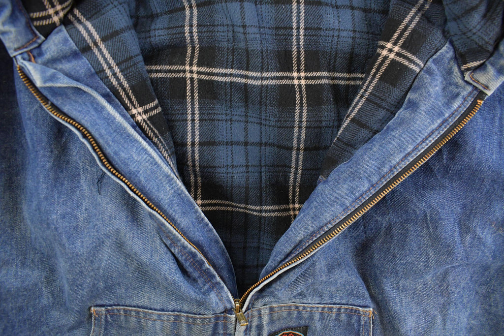 Vintage 1990s Rasco Denim Plaid Lined Fire Resistant Hooded Jacket Men's 2XL
