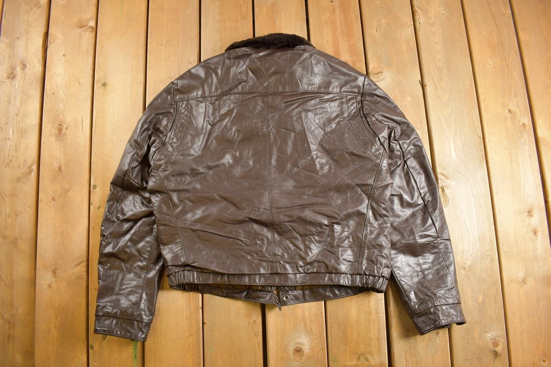 Vintage 1980s Sears The Leather Shop Leather Fur Shearling Collar Jacket