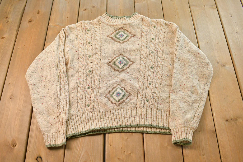 Vintage 1990s Liz Wear Knit Abstract Pattern Mockneck Sweater Womens L / 90s Crewneck / Preppy Knits