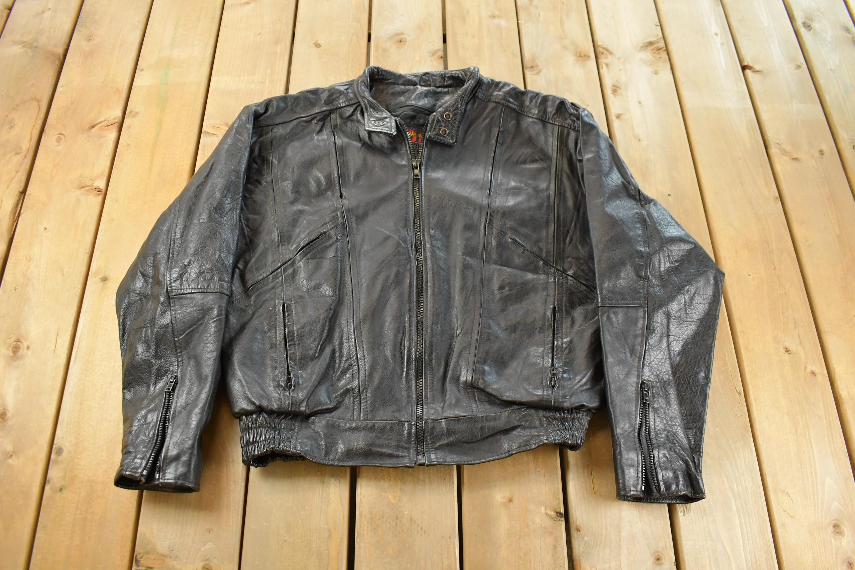 Vintage 1980s Hot Leathers Moto Cafe Racer Biker Leather Jacket Men's Large