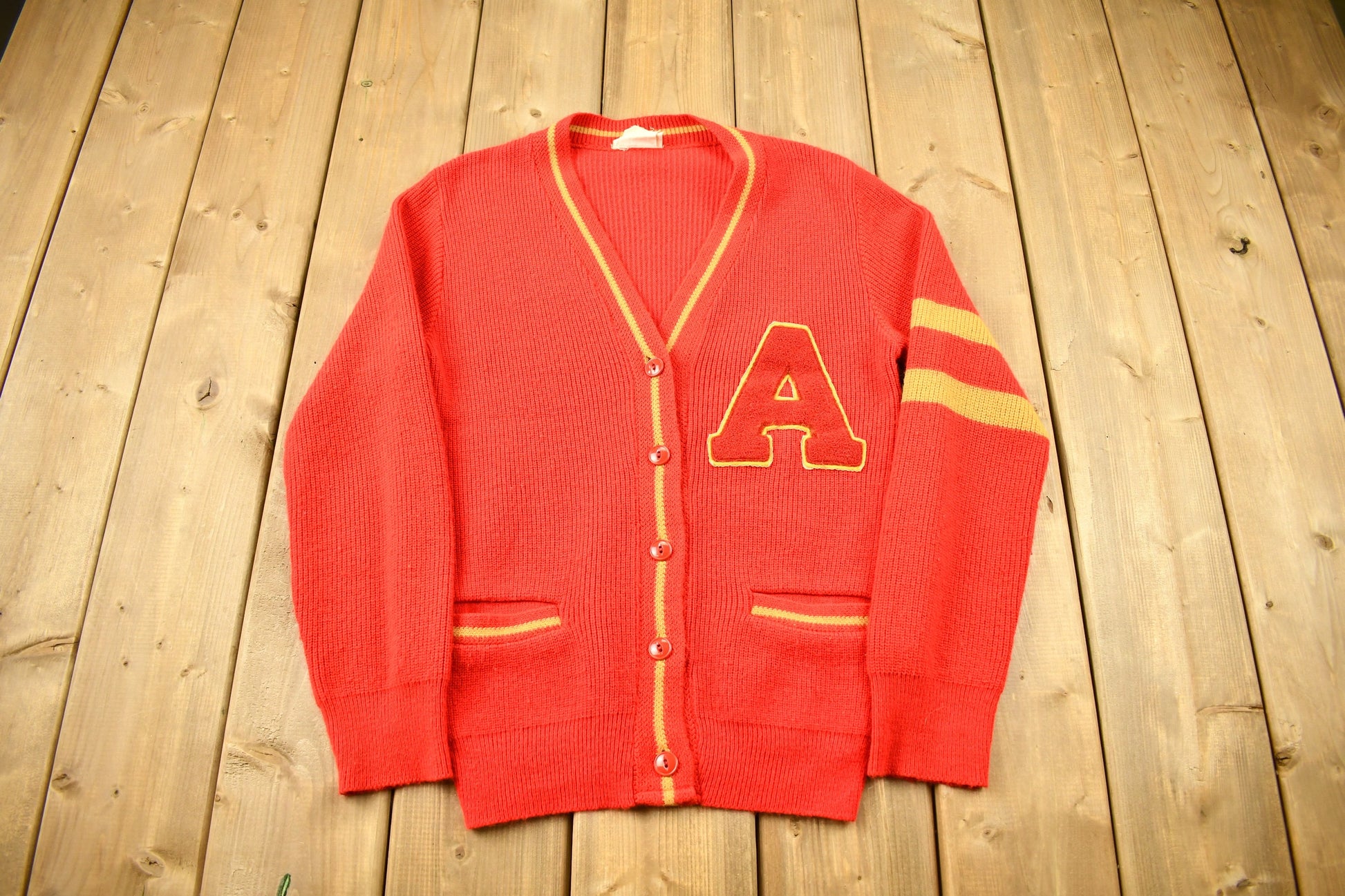 Vintage 1960s Collegiate Cardigan Knit Sweater  Hewlett Sporting Goods  Vintage Cardigan  Button Up  Patchwork  Made In Canada