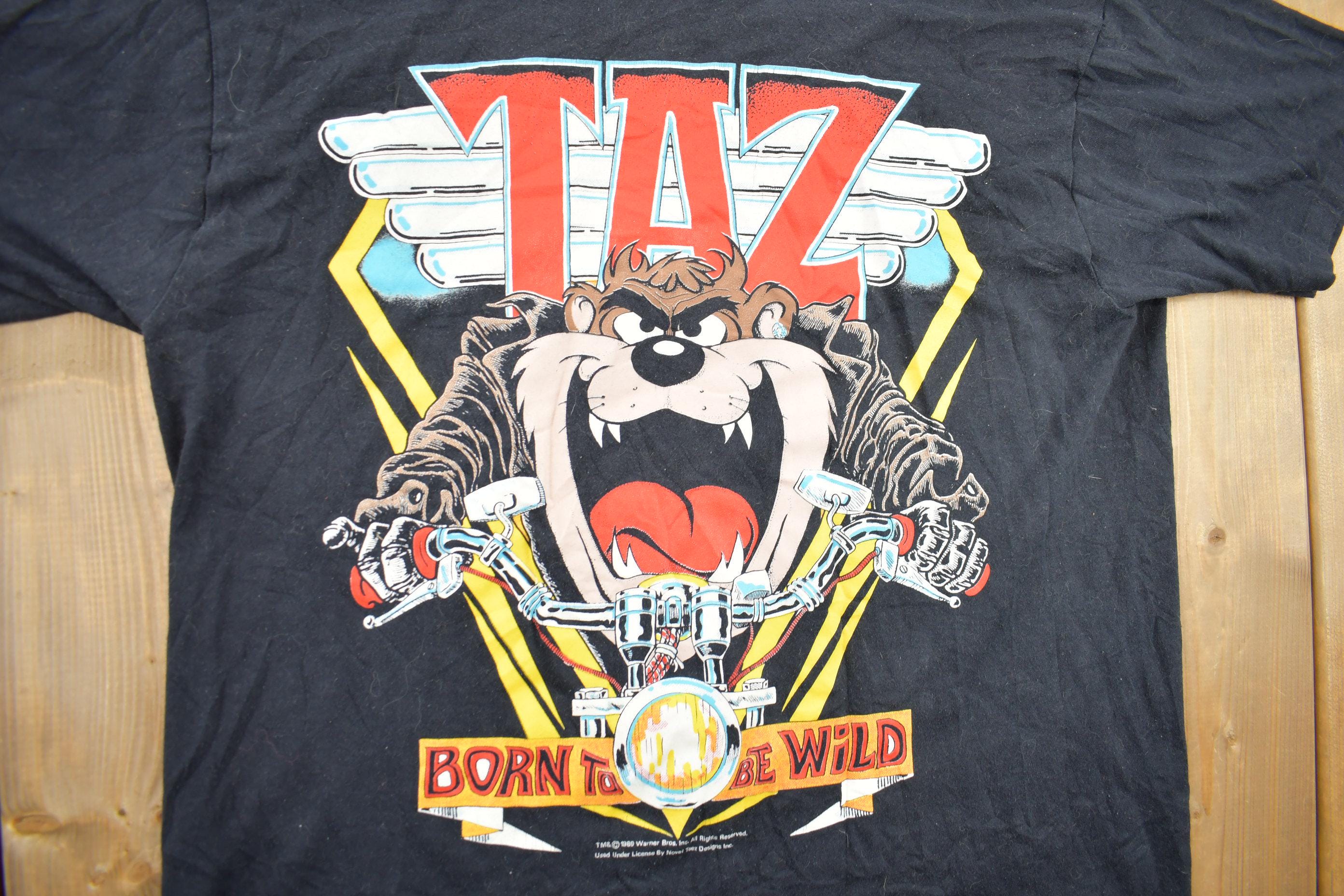 Vintage 1989 Taz Born To Be Wild Biker Graphic Looney Tunes T-Shirt
