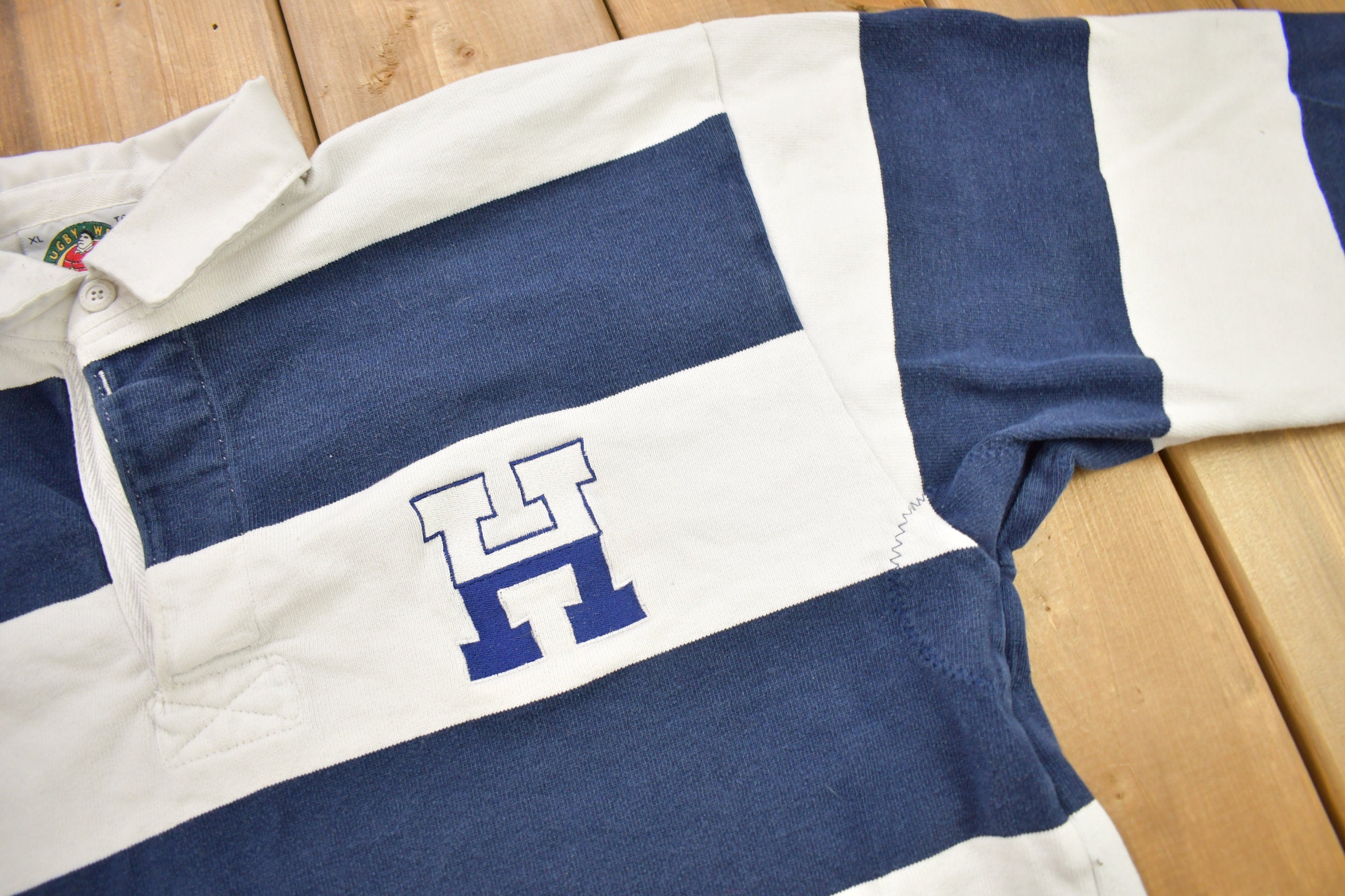 Vintage 1990s H Embroidered Color Block Rugby Sweatshirt