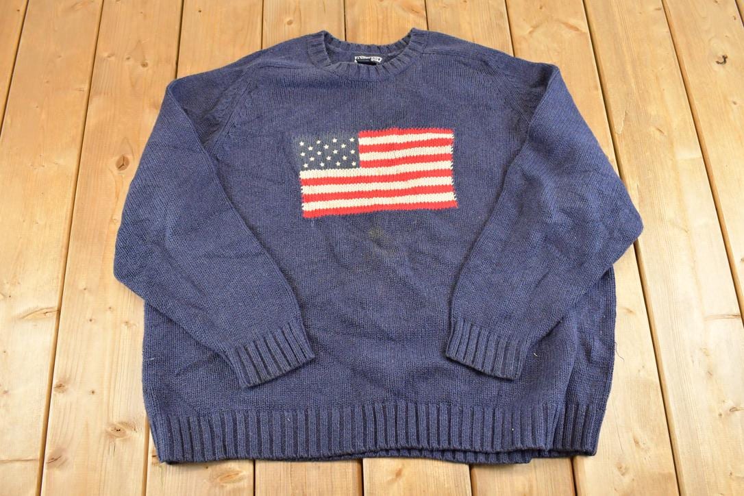 Vintage 1990s Lands End American Flag Knit Crewneck Sweater MensX L / 90's Abstract Pattern 3D Knitted Sweatshirt