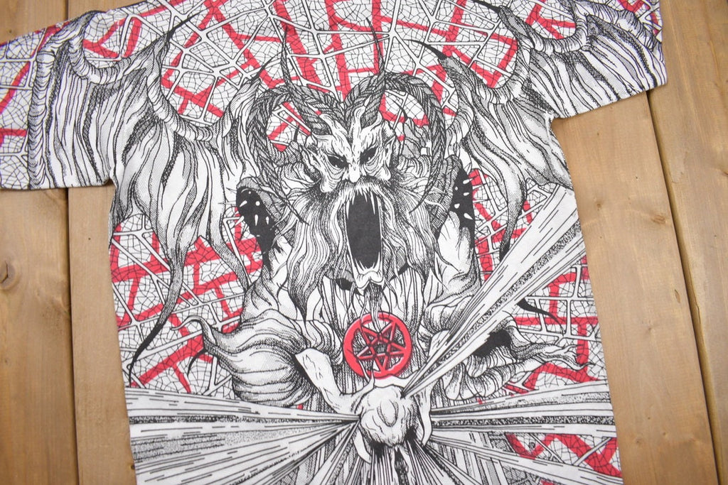 Vintage 1990s Morbid Rags Demon Graphic All Over Print T-Shirt