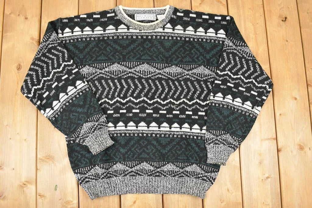 Vintage 1990s Michael Gerald Abstract Knit Crewneck Sweater Men's L / 90s Knitted Sweatshirt / Vintage Preppy Knits