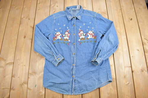 Vintage 1990s Bobbie Brooks Cute Denim Embroidered Button Up Shirt / 1990s Button Up / Snowmen / Basic Button Up / Cute / Cottage Core
