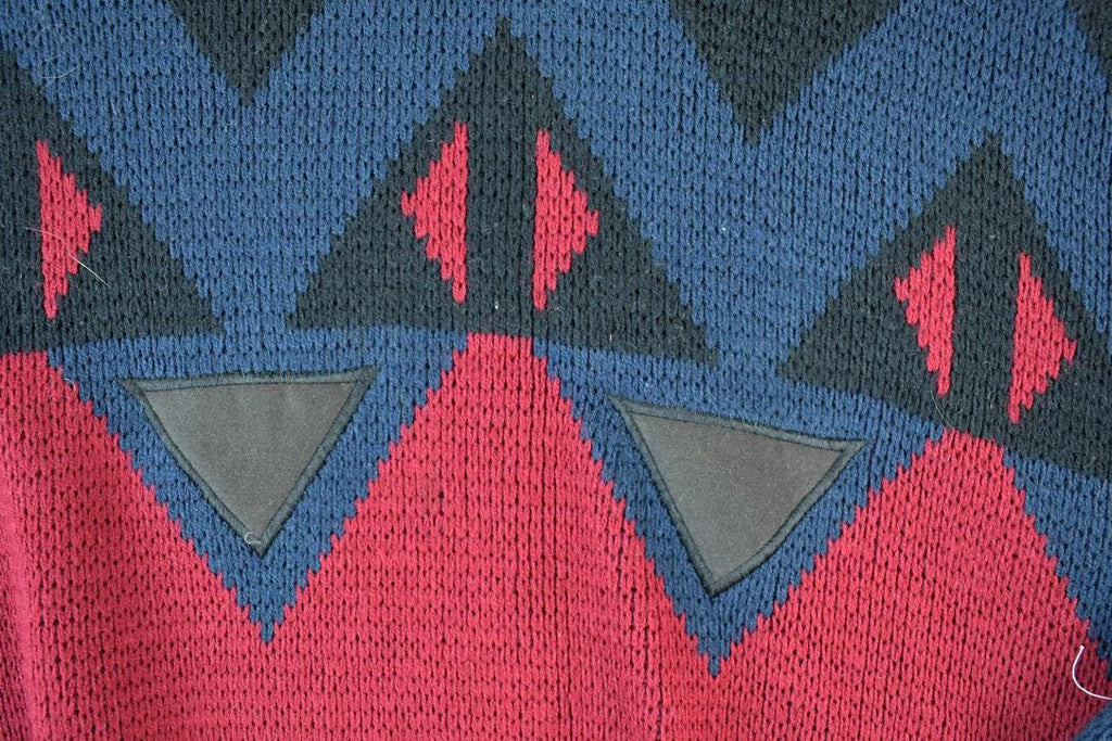 Vintage 1990s Forsyth Tradition Leather Patch Knit Abstract Pattern Crewneck Sweater Made In 90s Crewneck