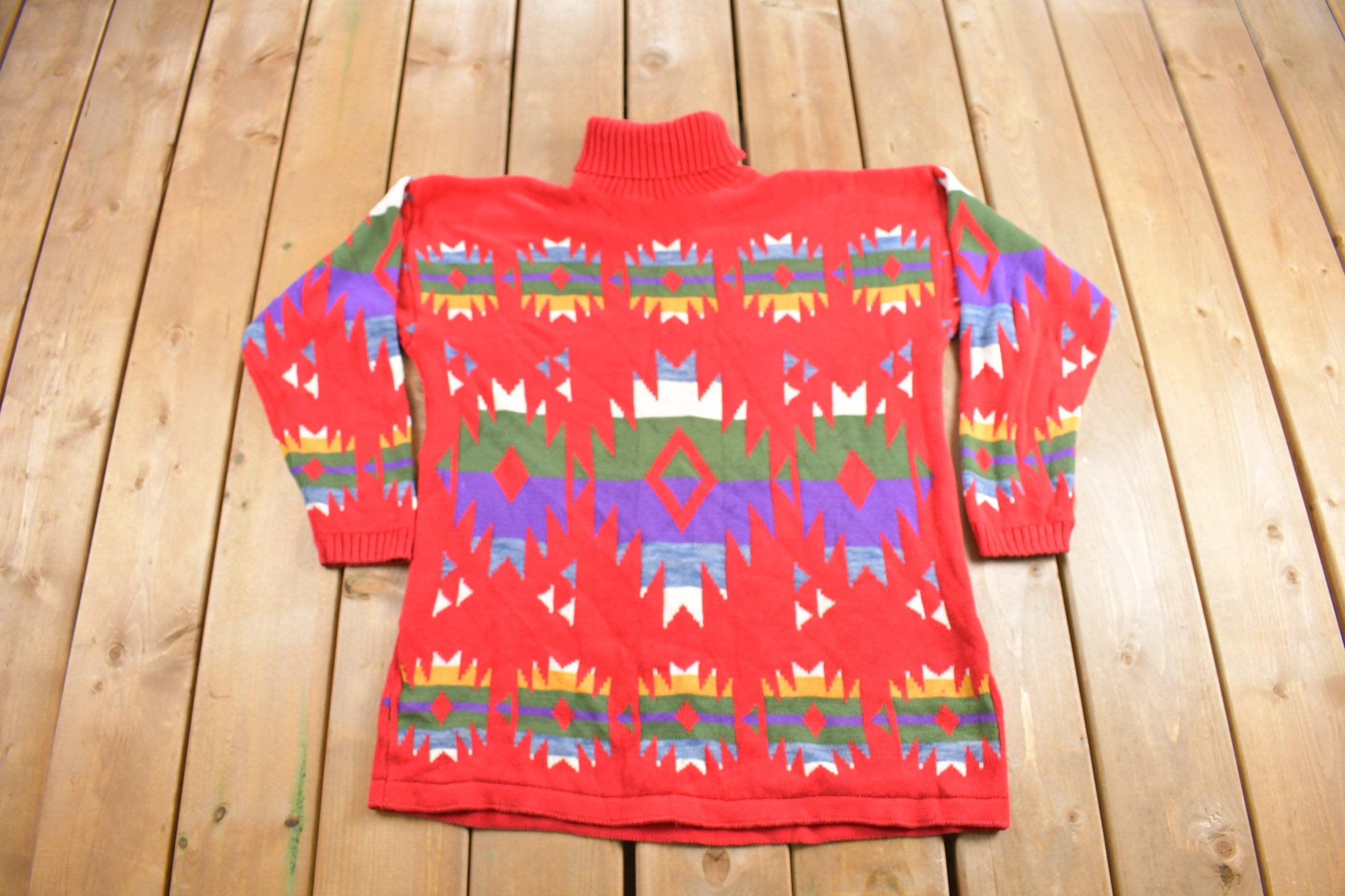 Vintage 1990s Aztec Pattern Knit Turtleneck Sweater