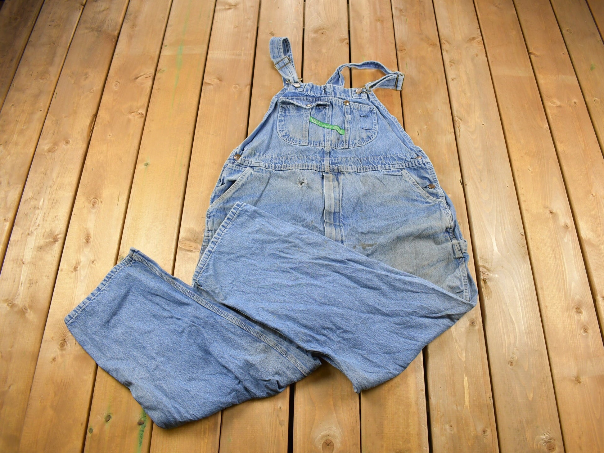 Vintage 1990s KEY Imperial Distressed Denim Jean Overalls Size 44 x 27
