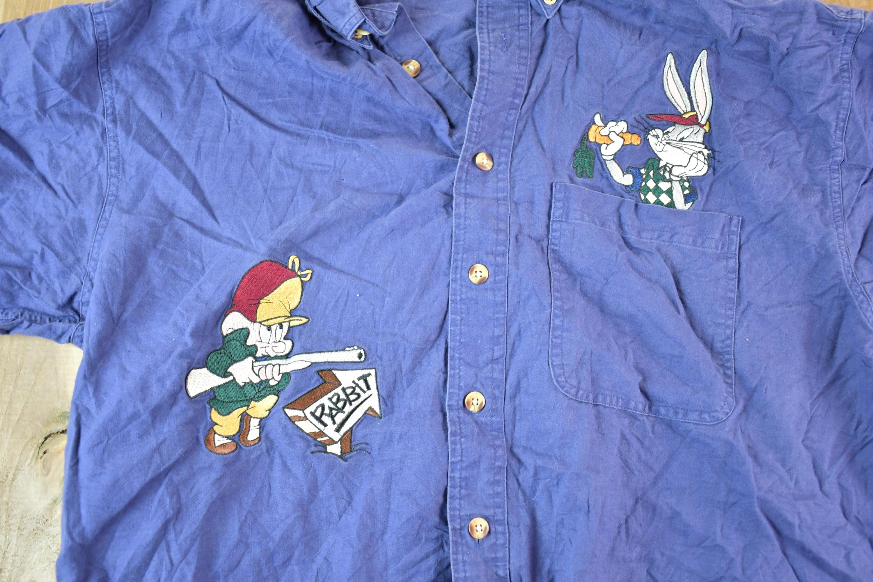Vintage 1990s Bugs Bunny Elmer Fudd Looney Tunes Button Up Shirt Mens L