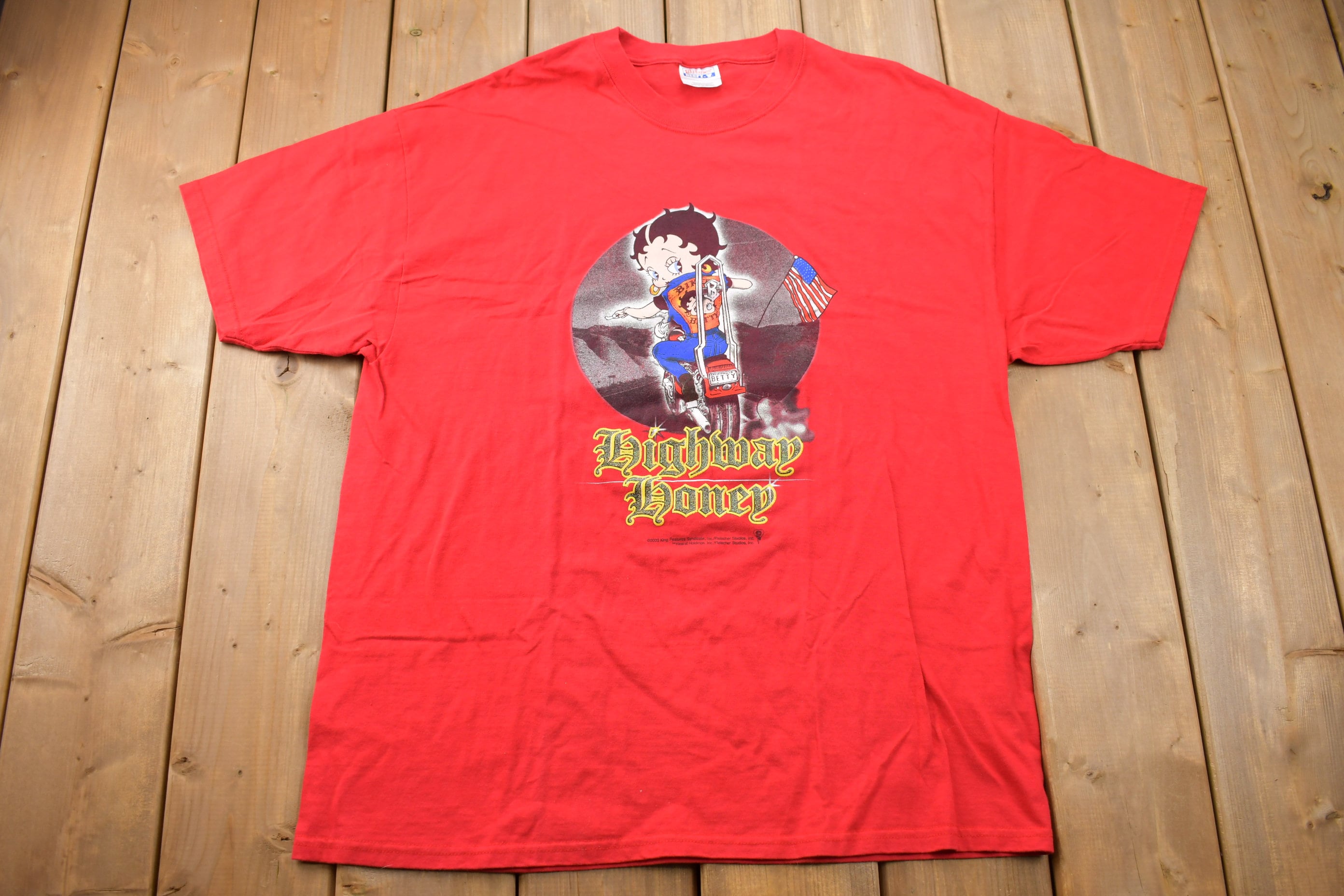 Vintage 2003 Betty Boop Highway Honey Biker USA Cartoon Graphic T-Shirt