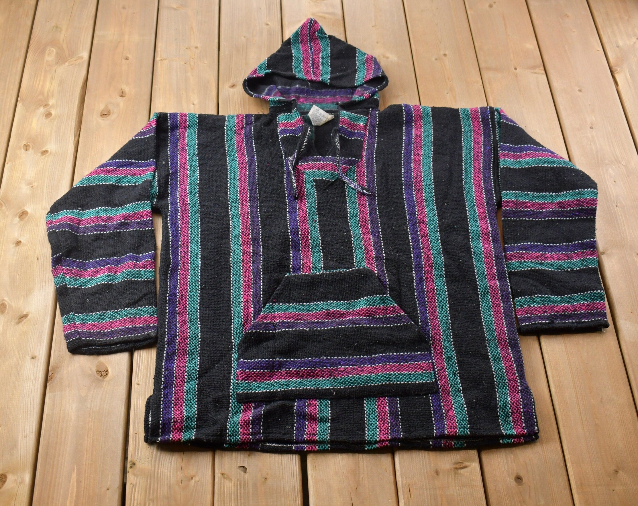 Vintage 1990s San Patricio Striped Knit Poncho Blanket Hoodie