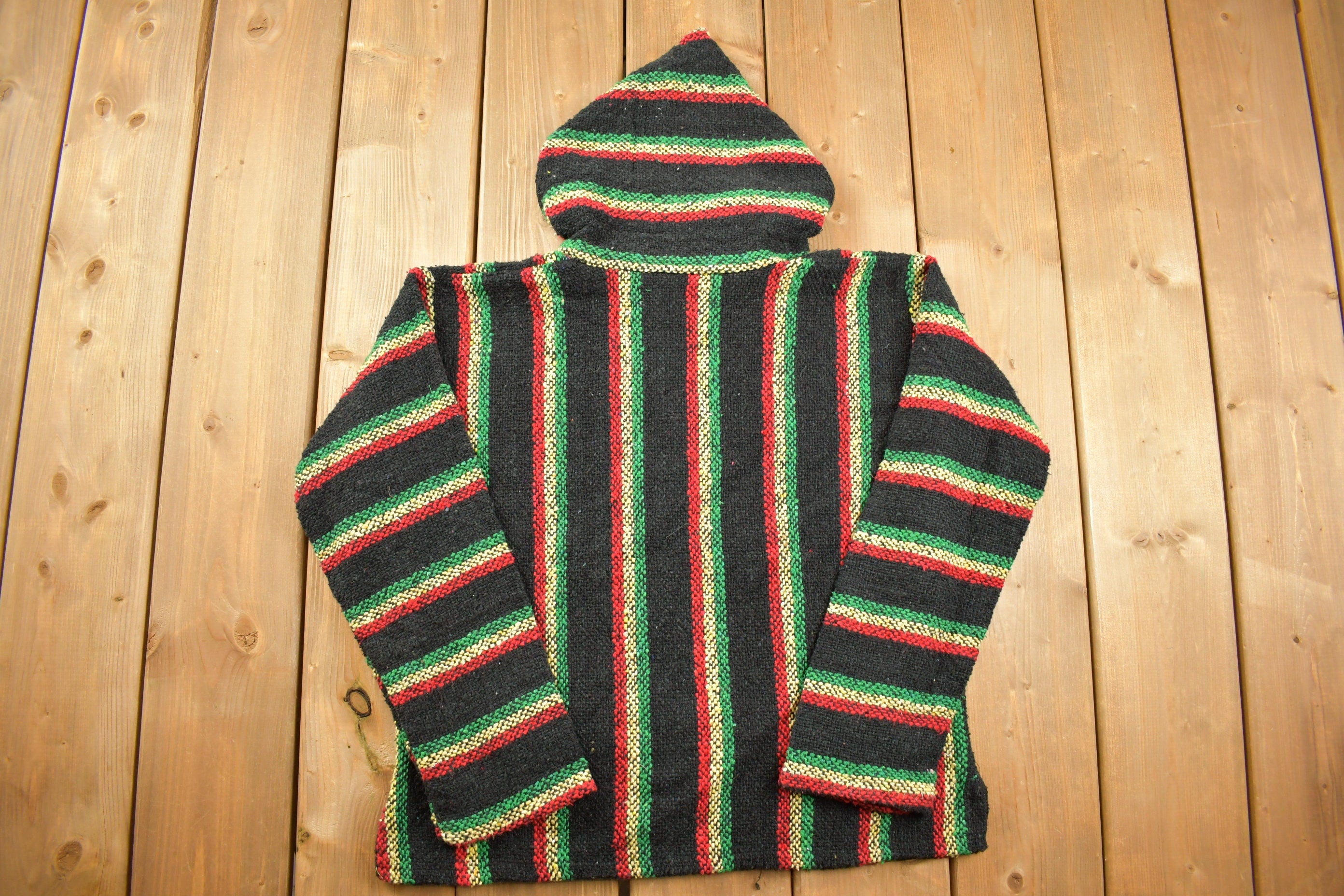 Vintage 1990s Sunspecs Baja Striped Knit Poncho Blanket Hoodie
