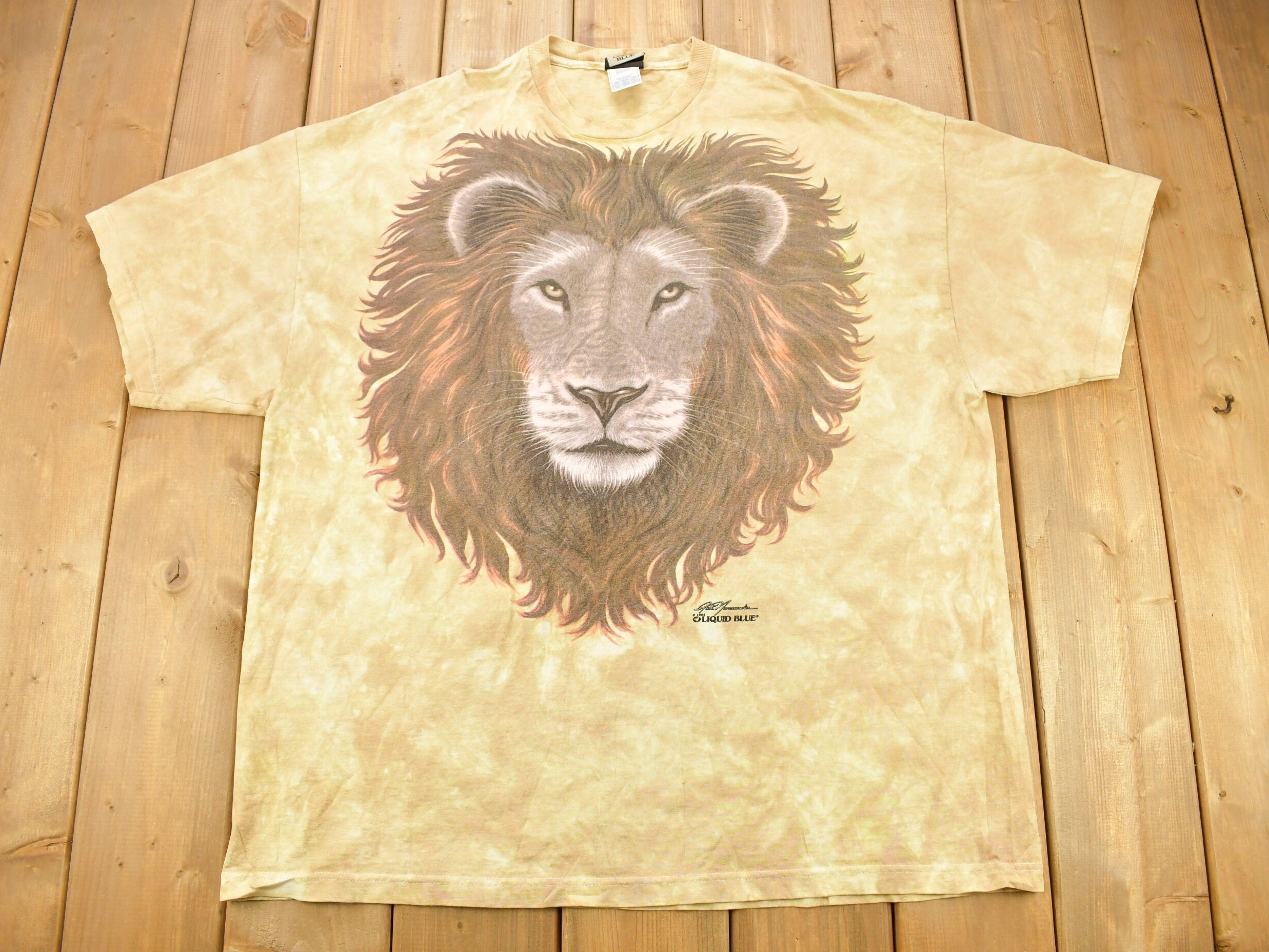 Vintage 1994 Lion Theme Tie Dye Graphic Liquid Blue T-Shirt