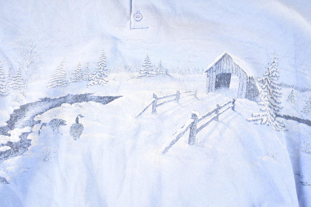 Vintage 1990s Artisans Winter Theme AOP Collared Quarter Button Crewneck Sweatshirt Men's XL