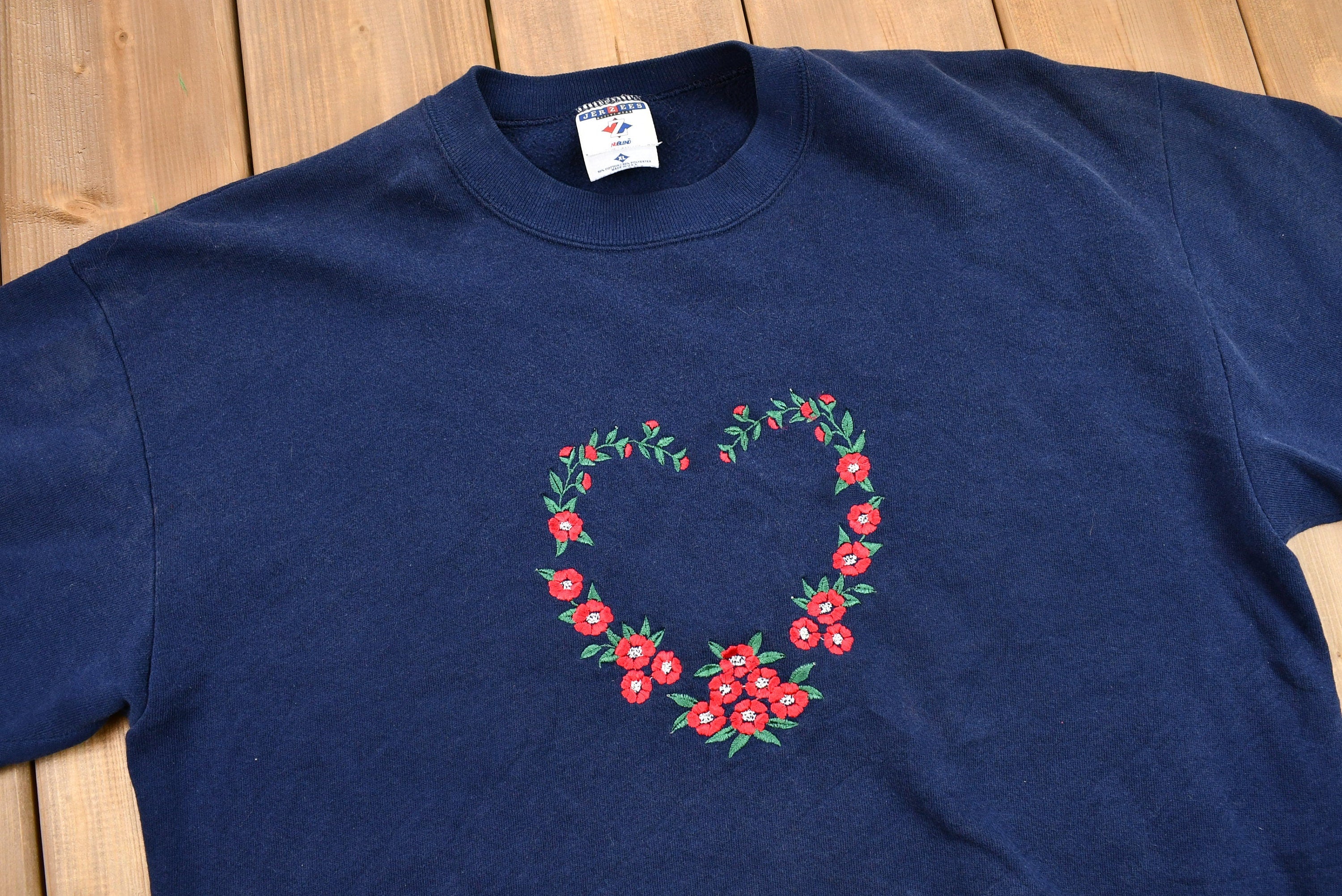 Vintage 1990s Embroidered Floral Heart Crewneck Sweatshirt  Granny Sweater  Vintage Sweatshirt  Jerzees  90s Pullover  Made in USA
