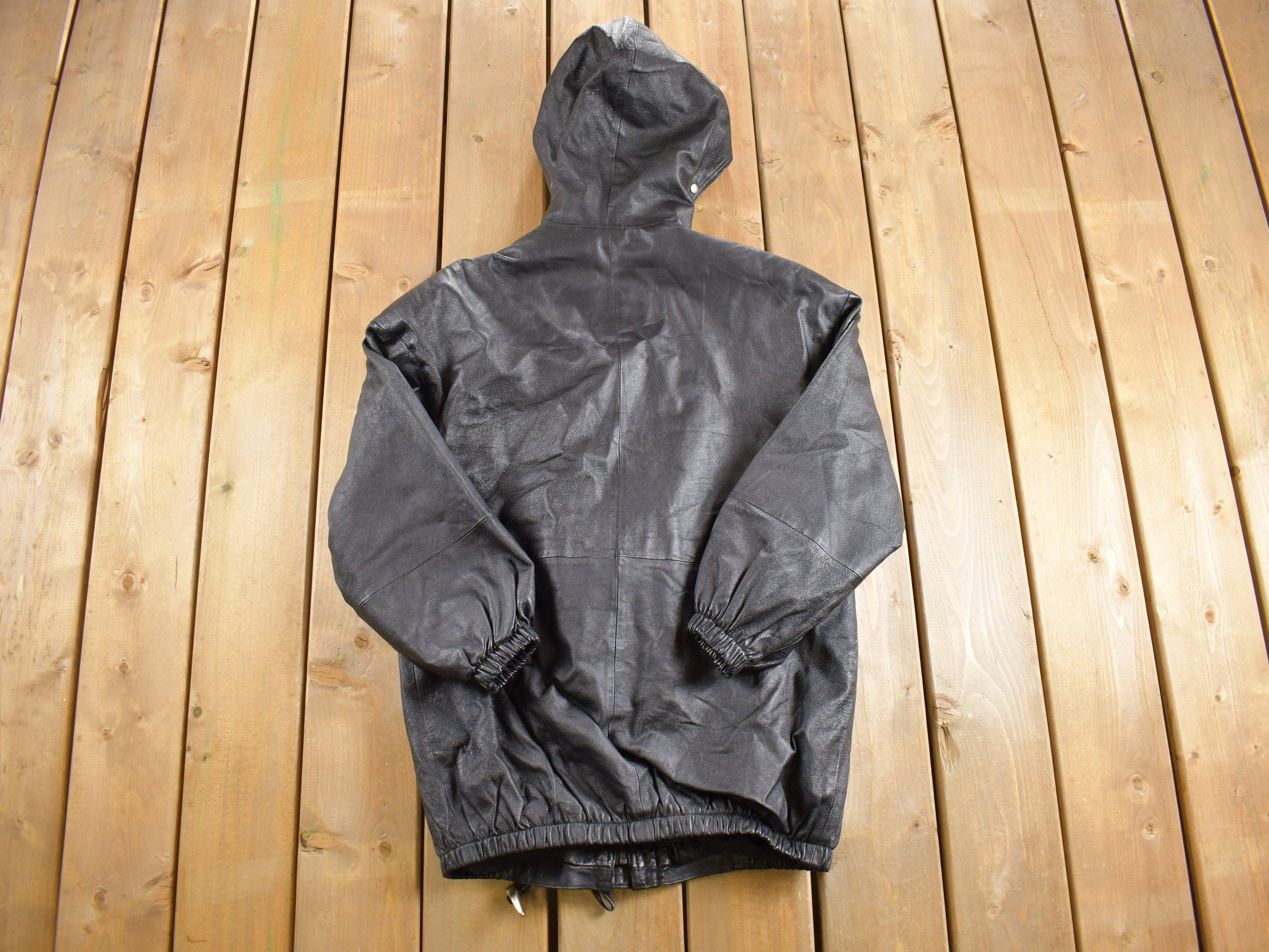 Vintage 1990s Black Leather Hooded Jacket
