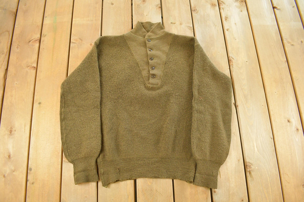 Vintage 1980s Military Wool Olive Henley Knit Sweater Men's Medium