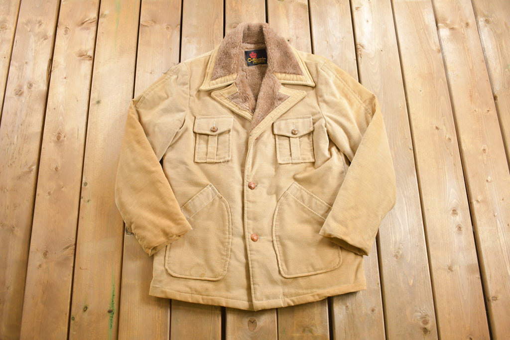 Vintage 1980s Faux Fur Lined 4 Pocket Beige Coat Fall Winter Outerwear