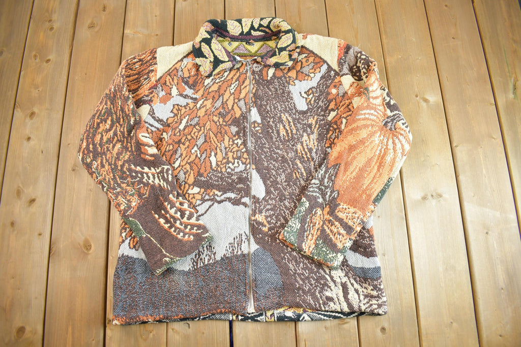 Vintage 1990s Embroidered All Over Print Zip Up Sweater Jacket - Large