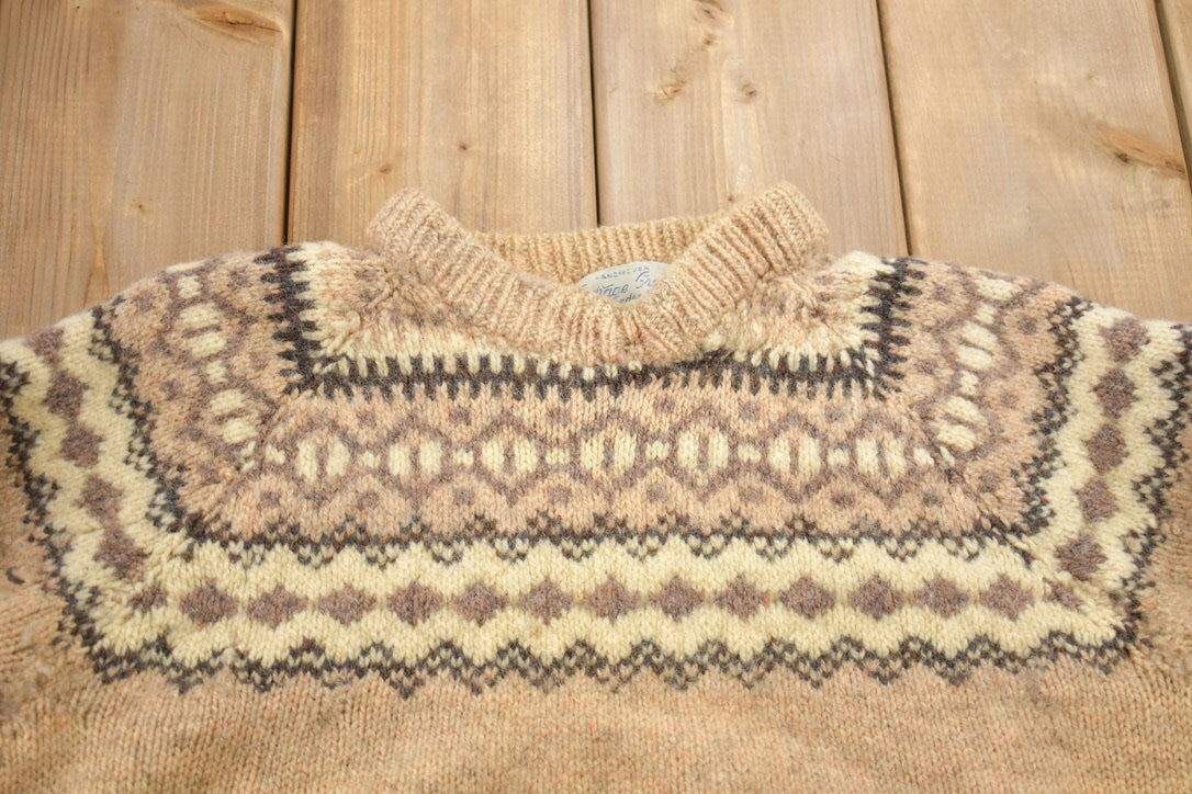 Vintage 1970s Beige Cottage Craft Knit Sweater / 100% Wool / Patterned Sweater / Button Up / Hand Knit / Made In Canada