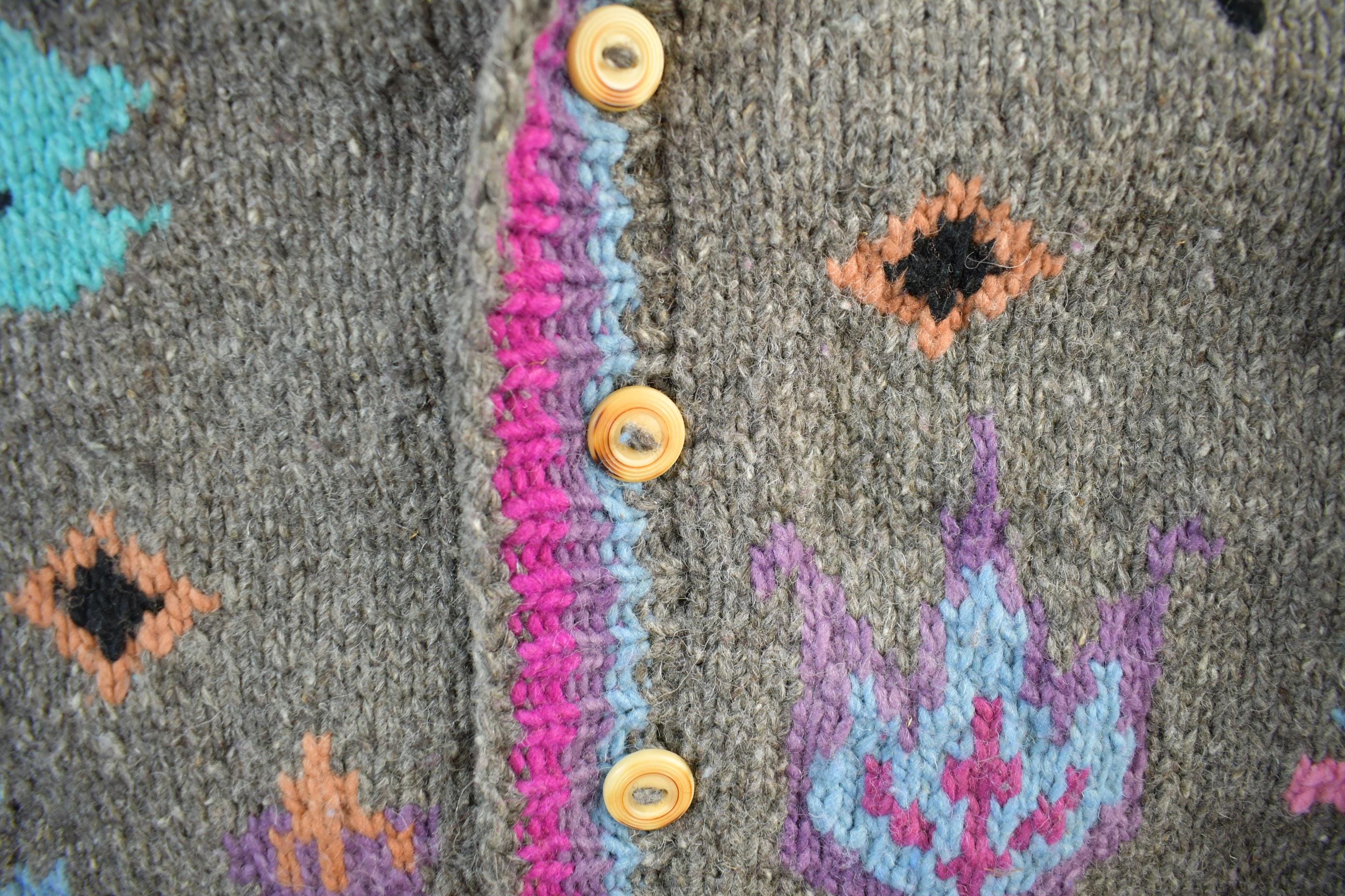 Vintage 1980s Tejidos Otavalo Wool Hand Knit Cardigan Sweater Adult L-XL