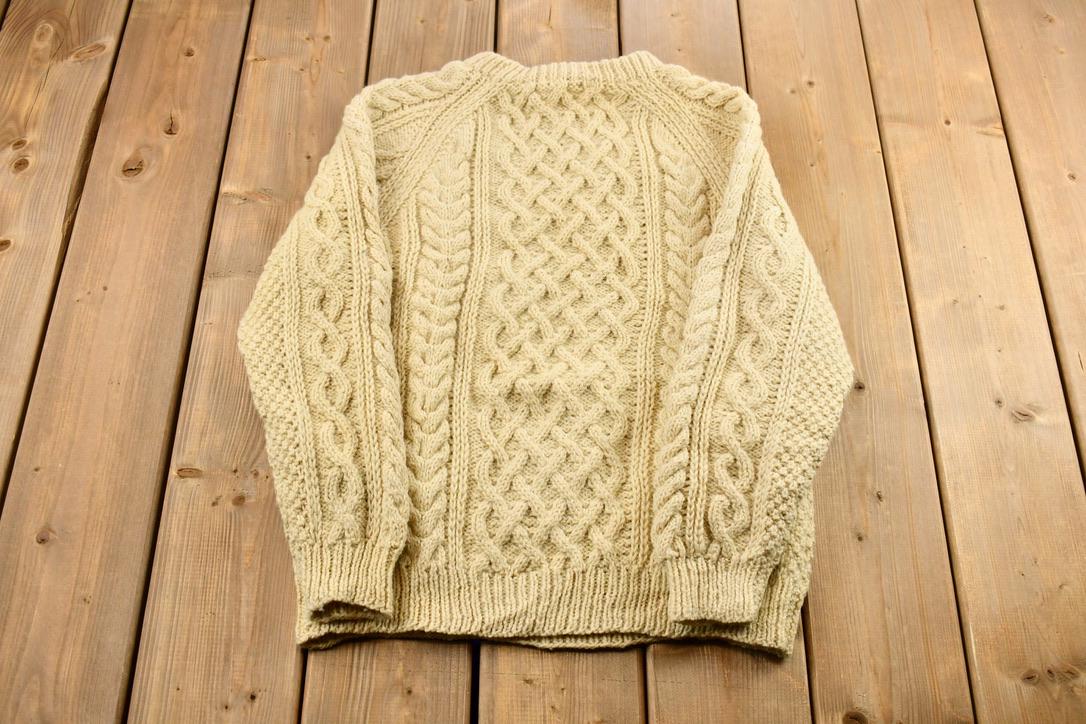 Vintage 1990s White 3D Cable Knit Crewneck Sweater