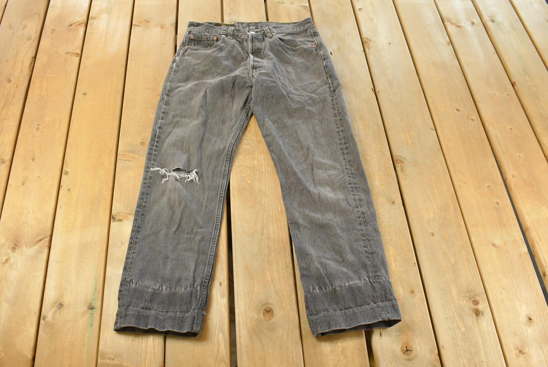 Vintage 1990s Levi's Distressed 501 Original Fit Denim Jeans Men's 30 x 29 / Faded Black Wash / 90s Levi's / Made in USA