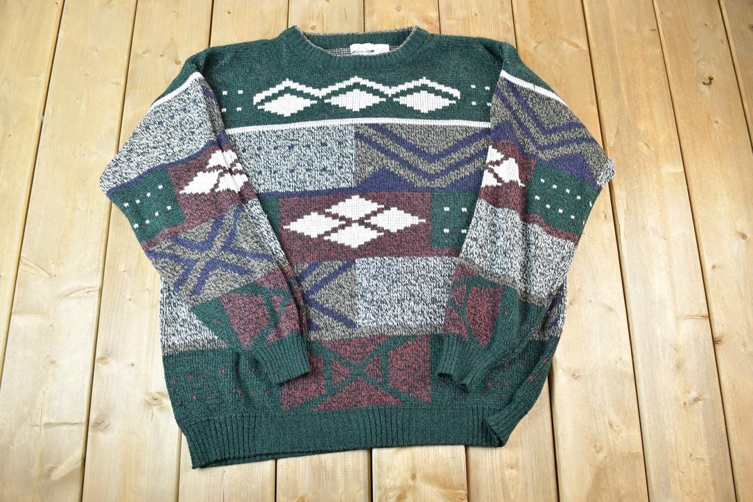 Vintage 1990s Piccadilly Knit Abstract Pattern Crewneck Sweater Made In