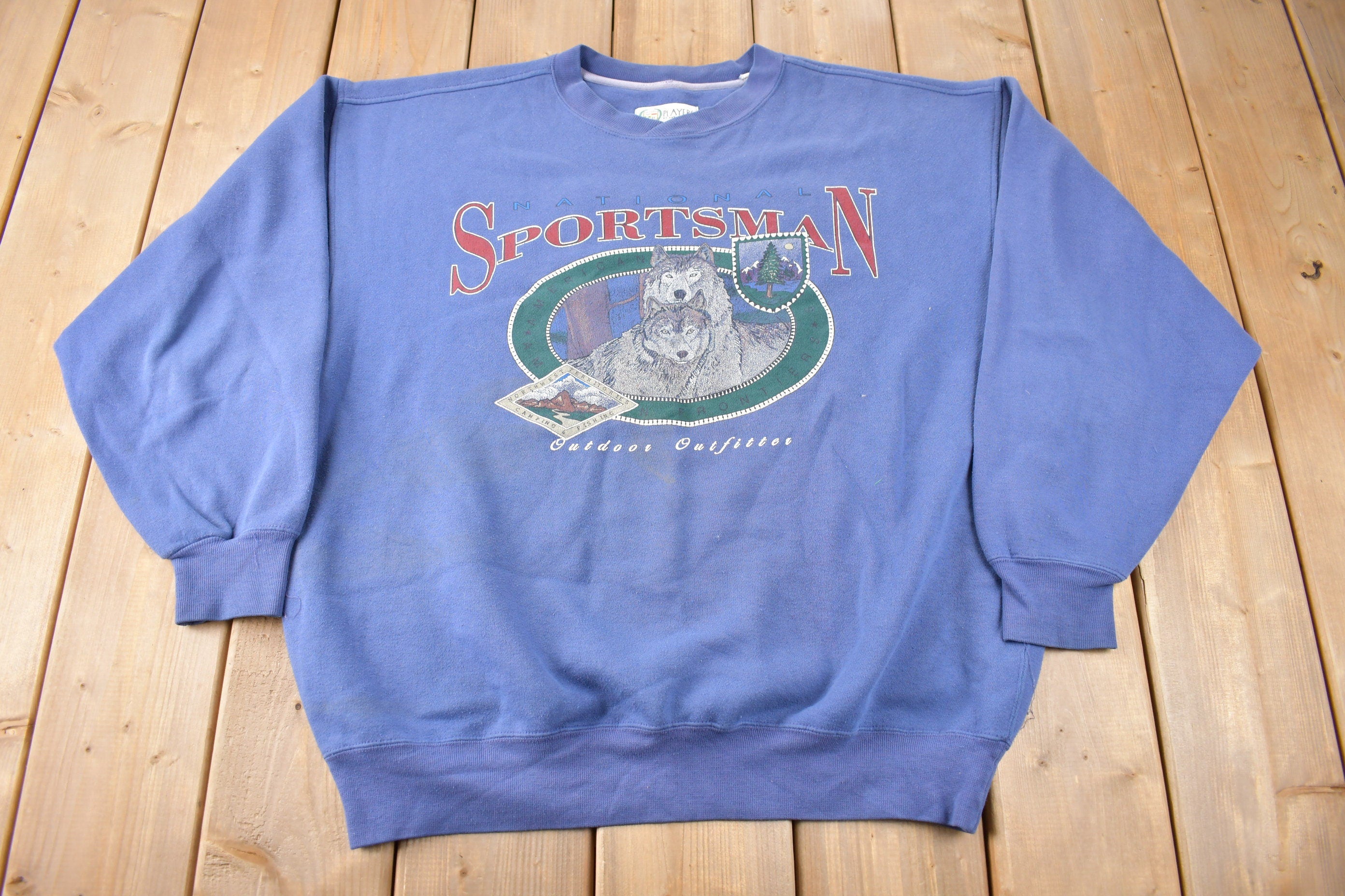 Vintage 1990s National Sportsman Wolf Graphic Van Heusen Crewneck Sweatshirt Made In USA
