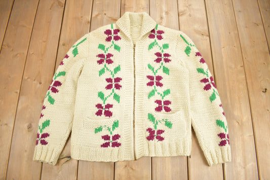 Vintage 1950s Hand-Knit Floral Theme Cowichan Sweater / Wool / True Vintage / Outdoorsman / Heavy Weight